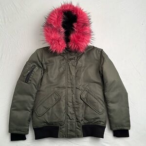 S13 NYC olive green down winter coat with hot pink and black vegan fur hood